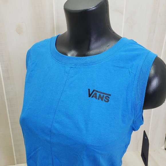 VANS Women's Shirt NEW Small Tank Blue Knot Front Top Tee Floral Check Logo - Picture 2 of 6